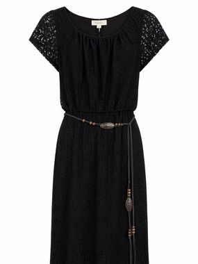 Black Lace Short-Sleeve Dress with Beaded Belt
